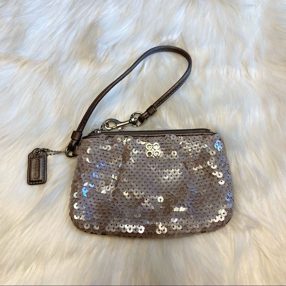 Coach Taupe Gray Sequin Small Wristlet Wallet Pouch